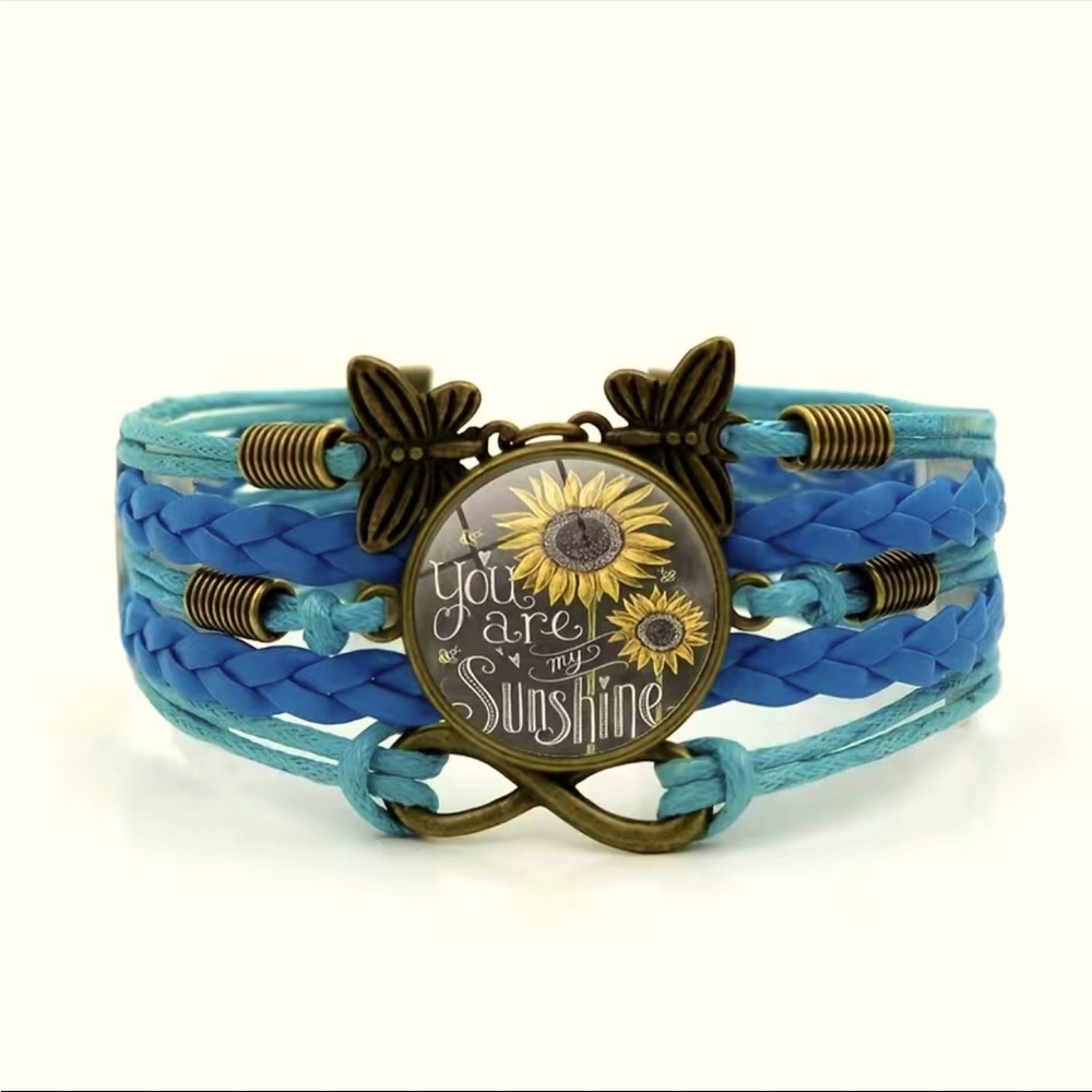 You are my sunshine sunflower butterfly multilayer faux leather braided bracelet